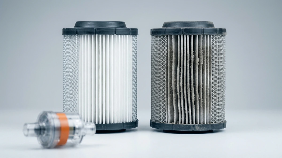 Clean white pleated air filter element beside an identical element heavily loaded with grey dust, with a restriction indicator gauge in the foreground