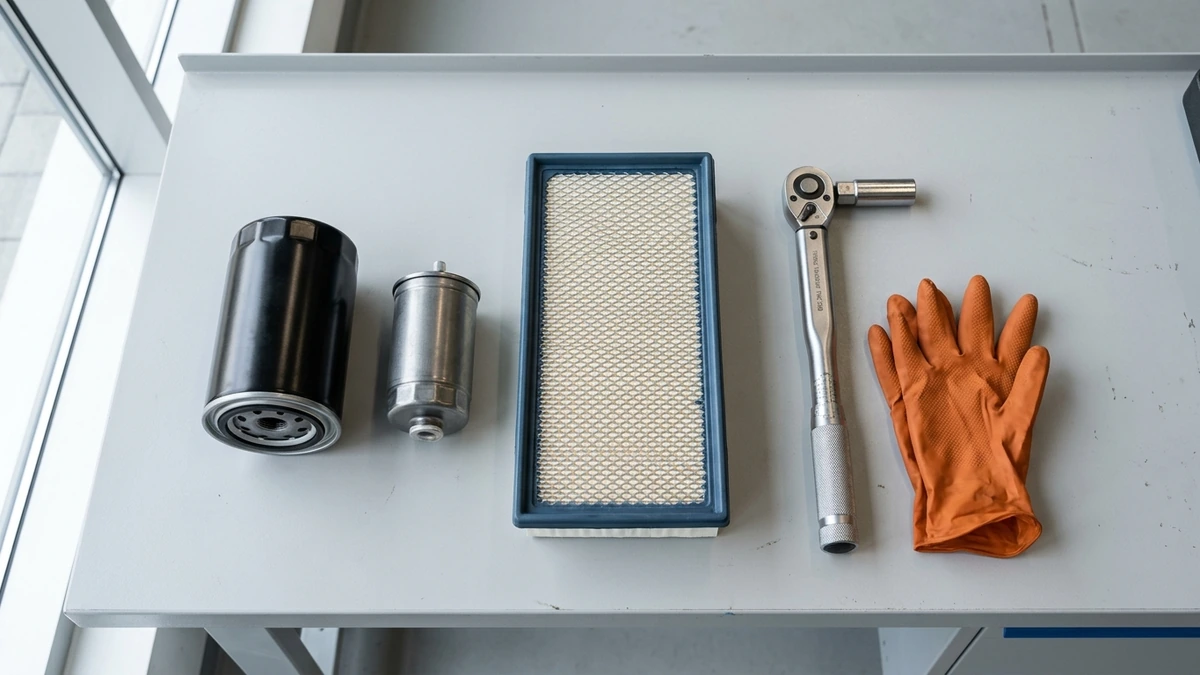 Oil filter, fuel filter and pleated air filter laid out on a workbench with a torque wrench and gloves, ready for a scheduled service