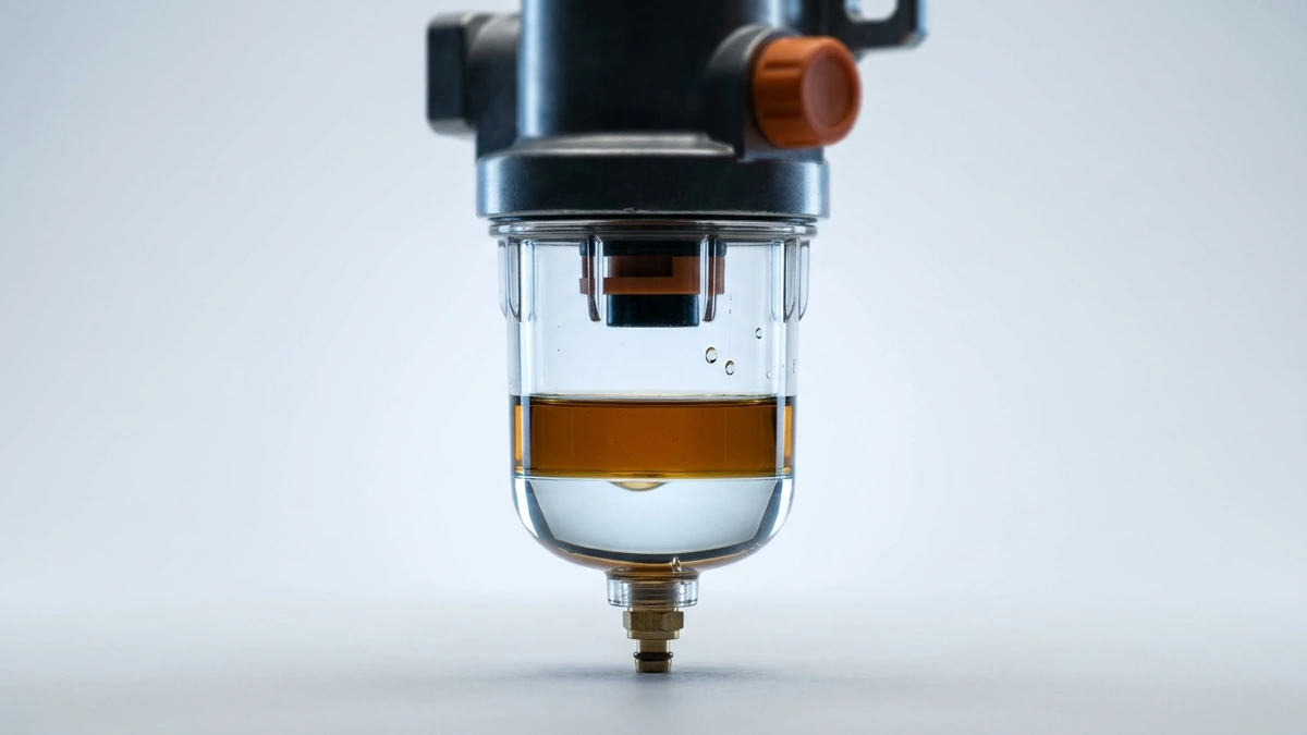 Diesel fuel filter and water separator with a transparent bowl showing a clear layer of separated water sitting beneath amber diesel fuel