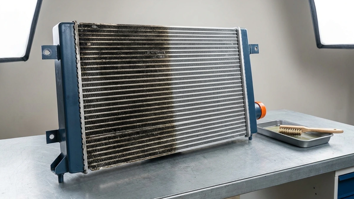 Diesel charge air cooler on a workbench, one half of the fin matrix fouled with oily soot and the other half cleaned back to bare aluminium