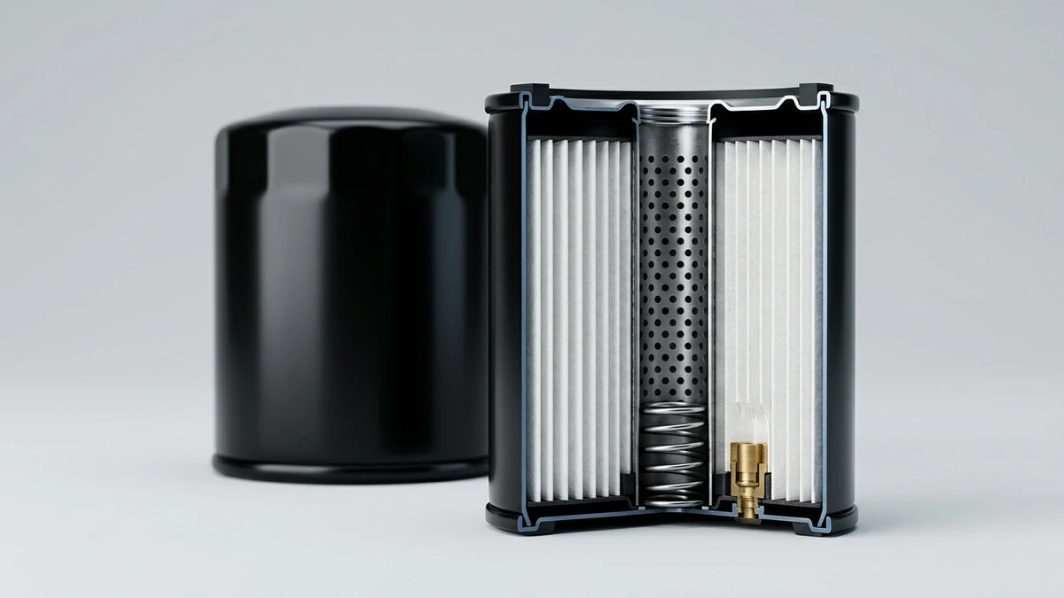 Sectioned spin-on diesel oil filter showing the pleated media, perforated centre tube, anti-drainback spring and brass bypass valve