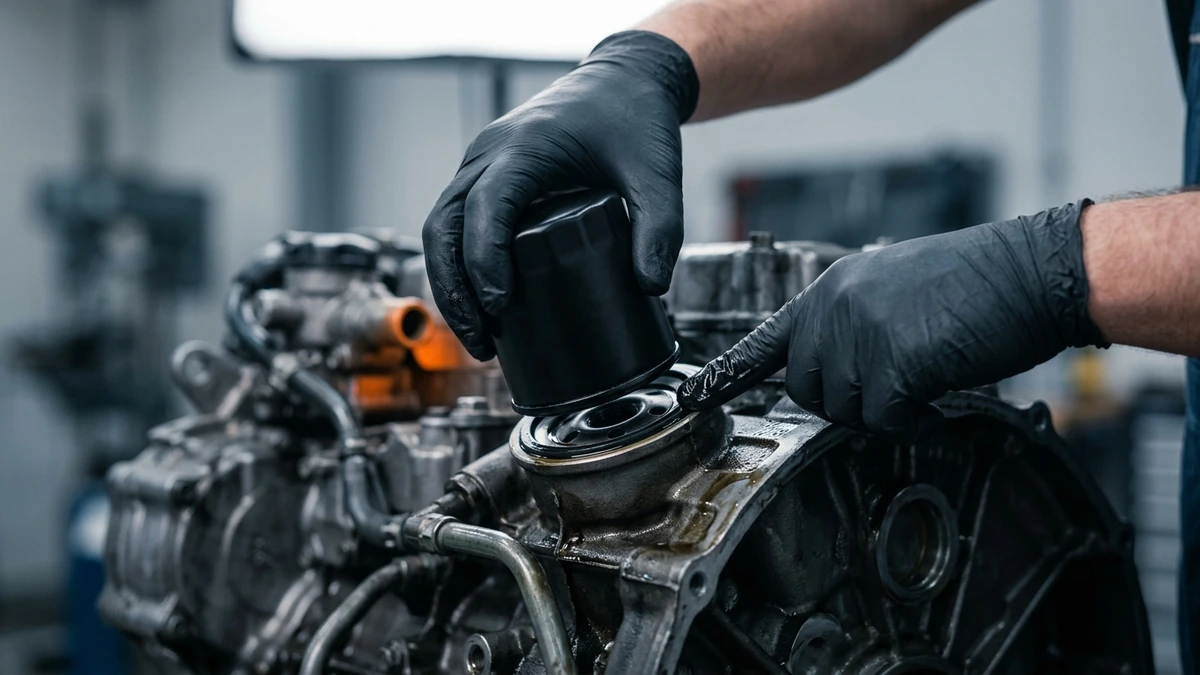 Technician in nitrile gloves hand-tightening a spin-on oil filter onto a diesel engine, with a finger oiling the rubber sealing gasket